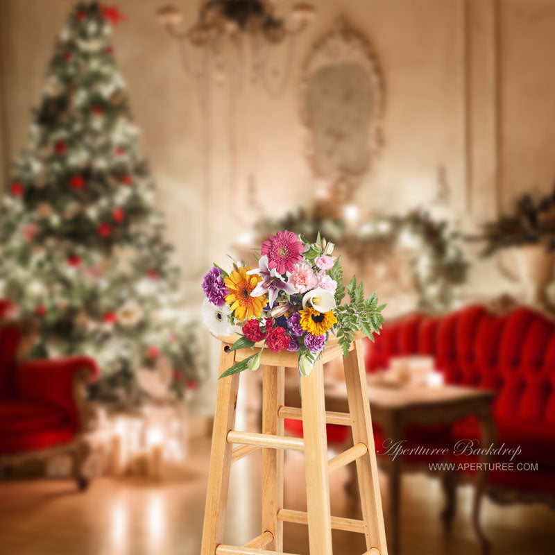 Aperturee - Warm Cozy Candles Christmas Tree Red Sofa Backdrop