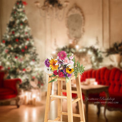 Aperturee - Warm Cozy Candles Christmas Tree Red Sofa Backdrop