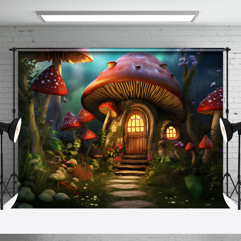 Aperturee - Warm Enchanted Forest Mushroom House Spring Backdrop