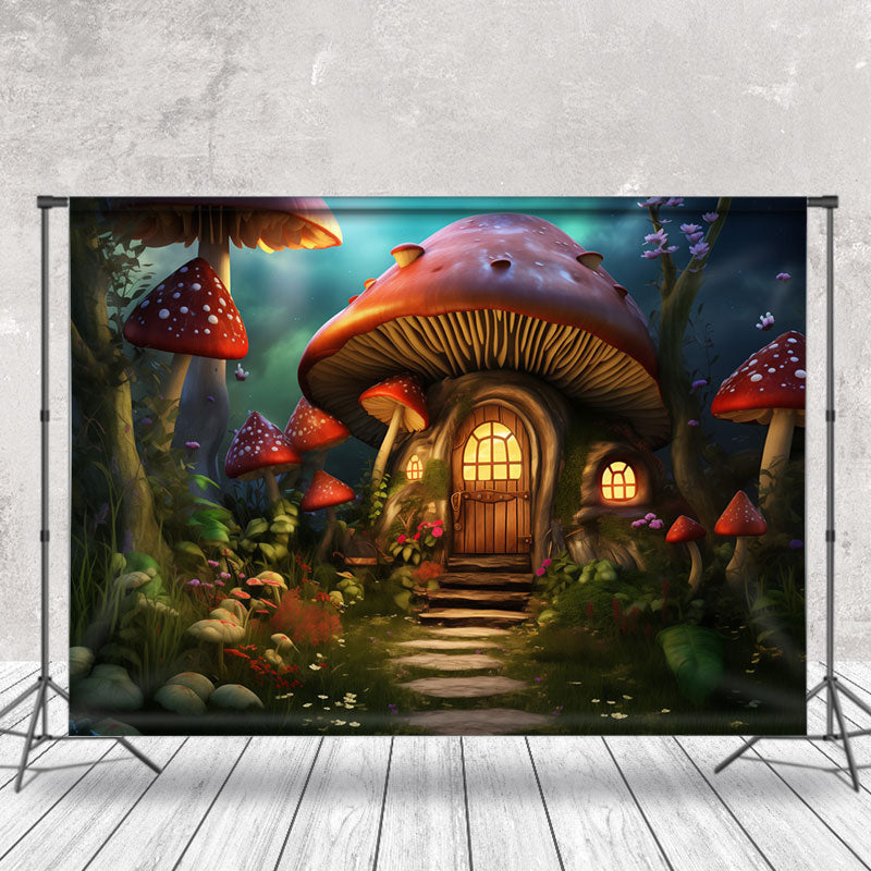 Aperturee - Warm Enchanted Forest Mushroom House Spring Backdrop