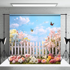 Aperturee - Warm Floral Garden Butterfly Blue Sky Spring Backdrop