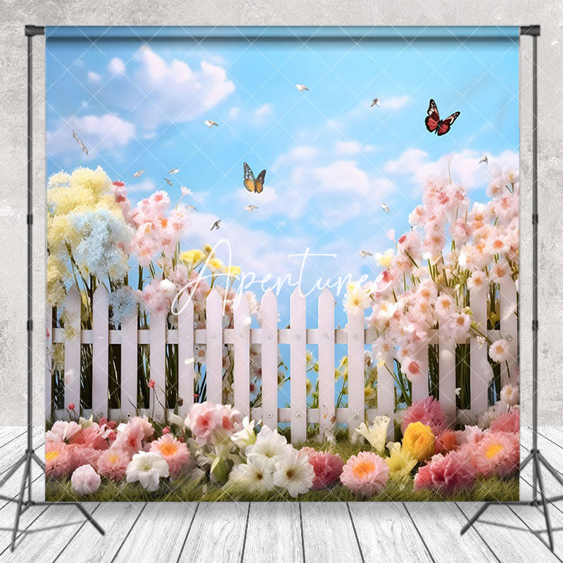 Aperturee - Warm Floral Garden Butterfly Blue Sky Spring Backdrop