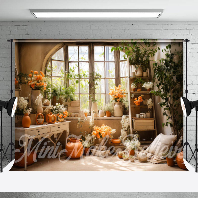 Aperturee - Warm Floral Plants Window Indoor Photo Backdrop