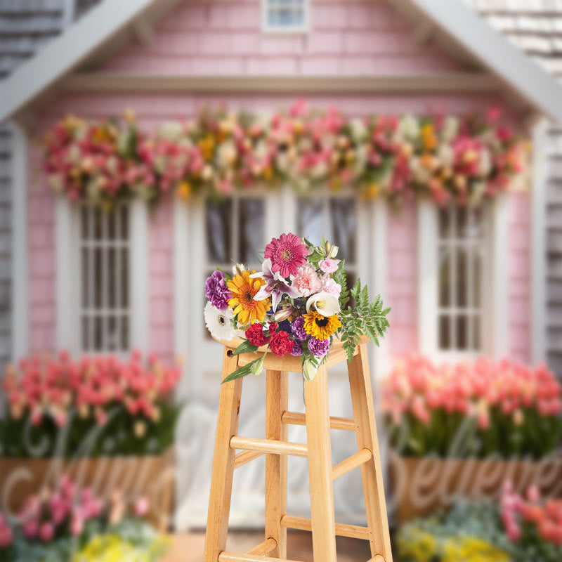 Aperturee - Warm Pink House Wood Door Flower Photo Backdrop