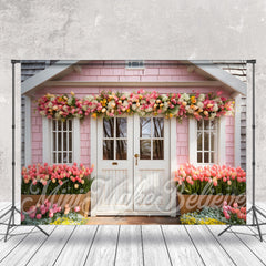 Aperturee - Warm Pink House Wood Door Flower Photo Backdrop