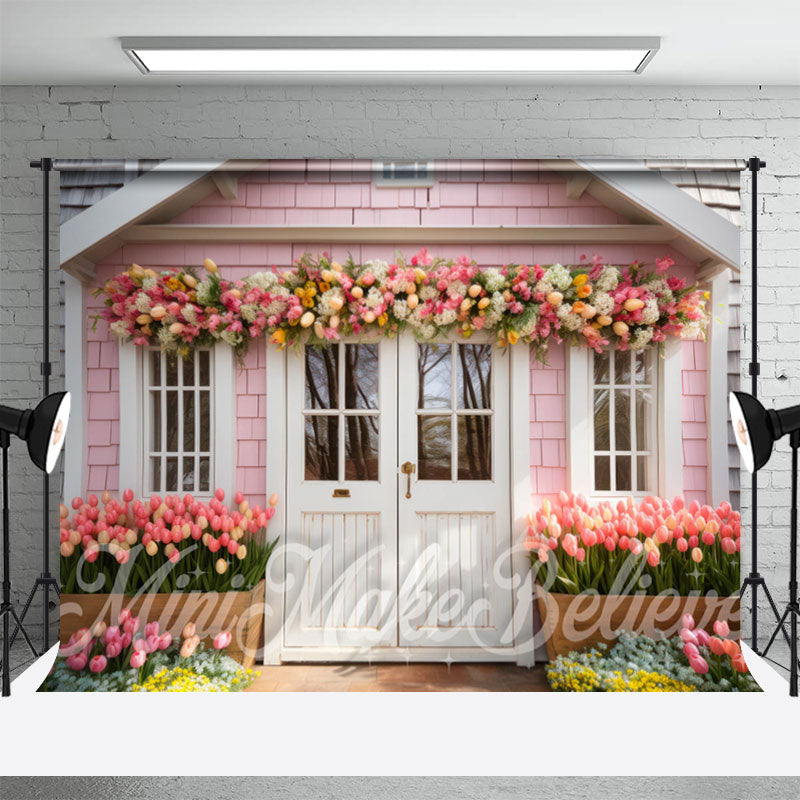 Aperturee - Warm Pink House Wood Door Flower Photo Backdrop