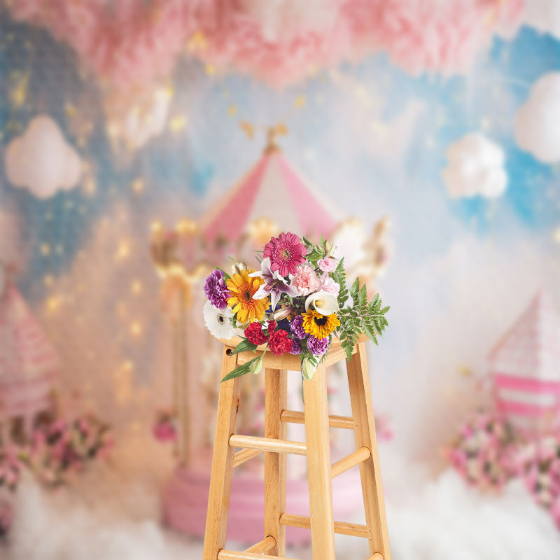 Aperturee - Warm Pink Merry Go Round Floral White Cloud Backdrop