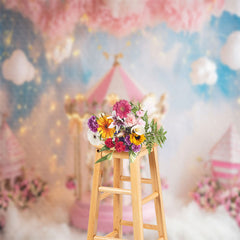 Aperturee - Warm Pink Merry Go Round Floral White Cloud Backdrop