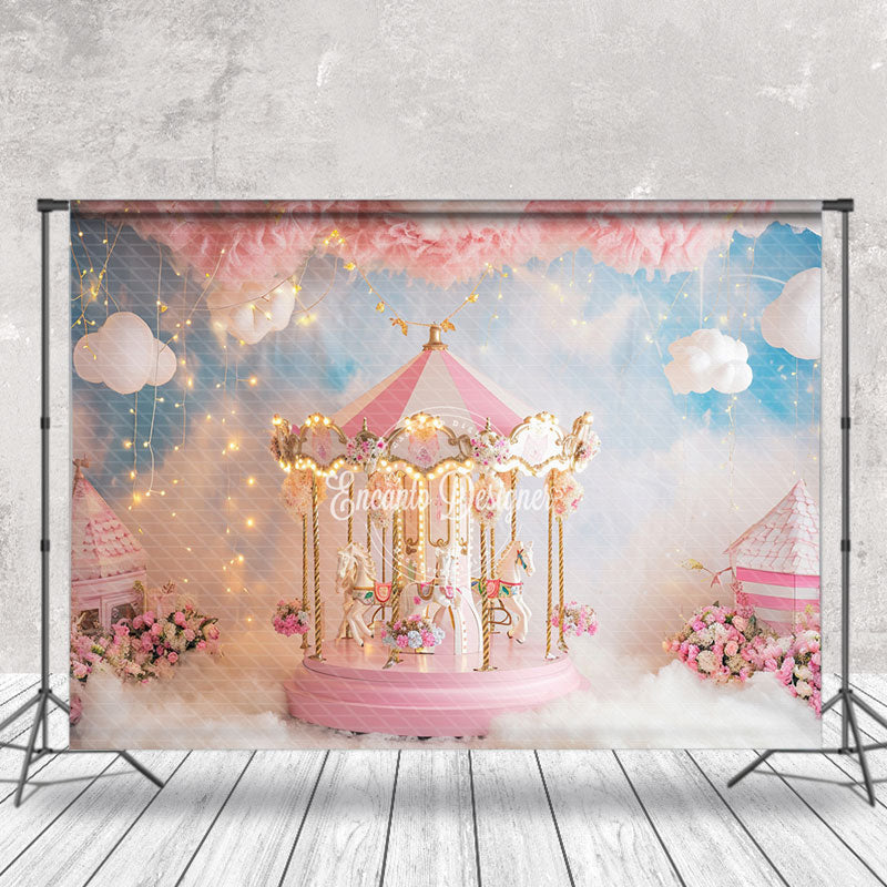 Aperturee - Warm Pink Merry Go Round Floral White Cloud Backdrop