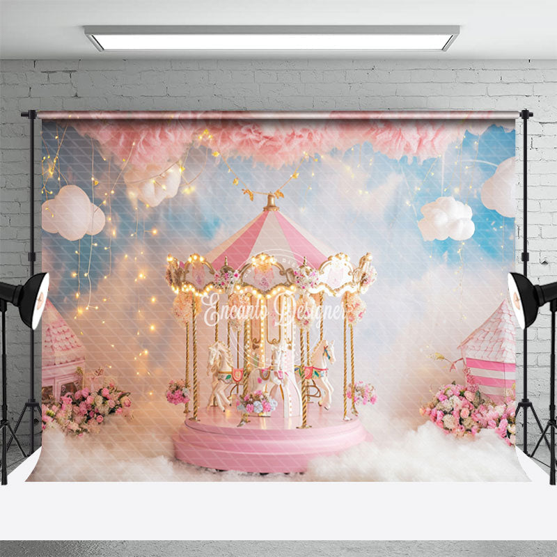 Aperturee - Warm Pink Merry Go Round Floral White Cloud Backdrop