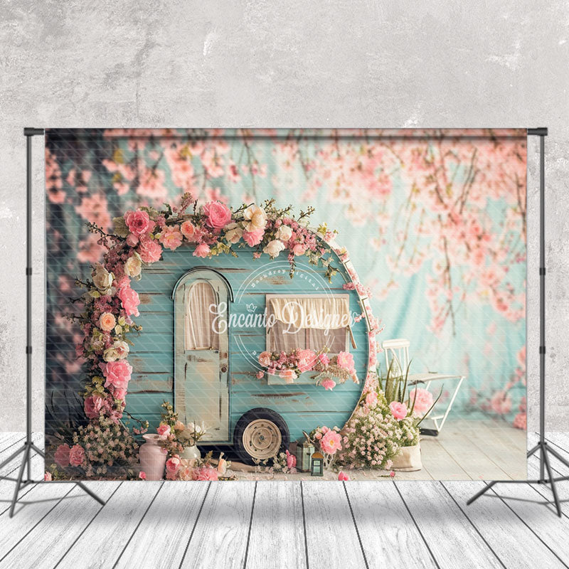 Aperturee - Warm Pink Peach Flower Retro Blue RV Spring Backdrop