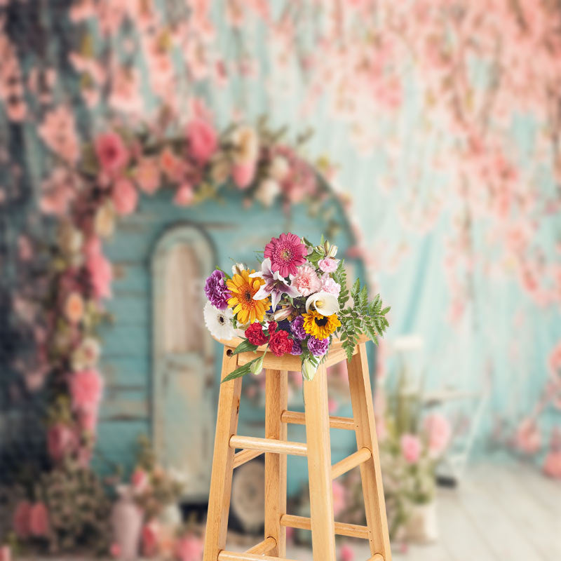 Aperturee - Warm Pink Peach Flower Retro Blue RV Spring Backdrop