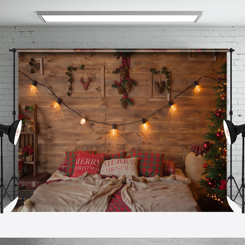 Aperturee - Warm Room Bulbs Wood Wall Bed Christmas Backdrop