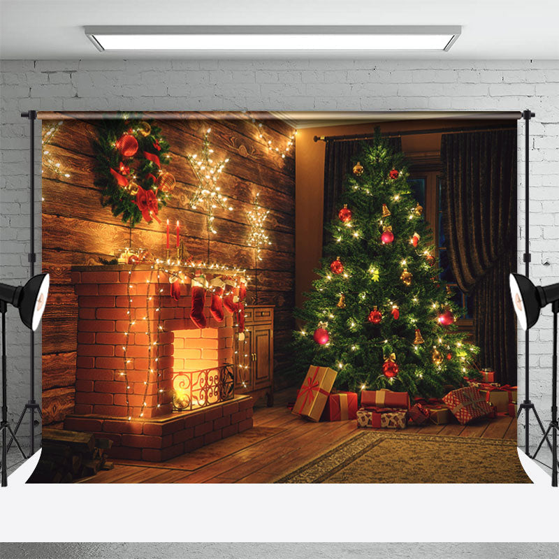 Aperturee - Warm Room Light Fireplace Christmas Tree Backdrop