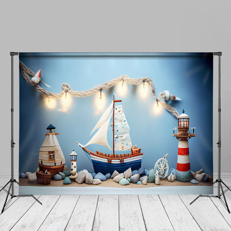 Aperturee - Warm Sailboat Lighthouse Photo Cake Smash Backdrop