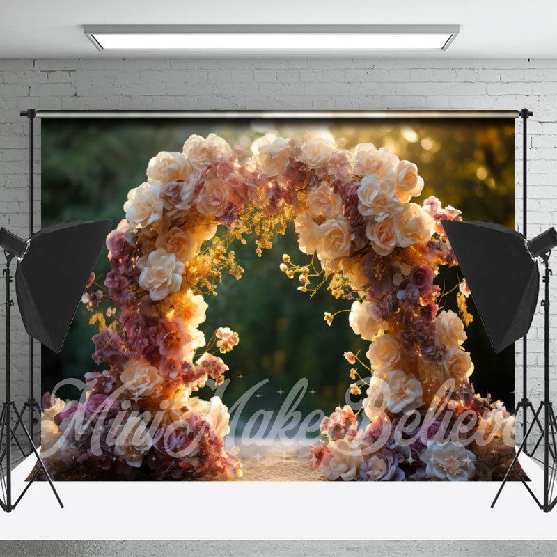 Aperturee - Warm Sunset Colored Arch Door Bokeh Flower Backdrop