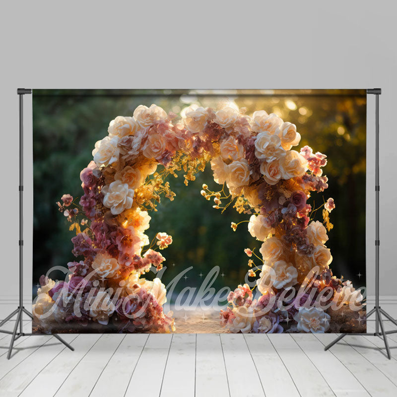 Aperturee - Warm Sunset Colored Arch Door Bokeh Flower Backdrop