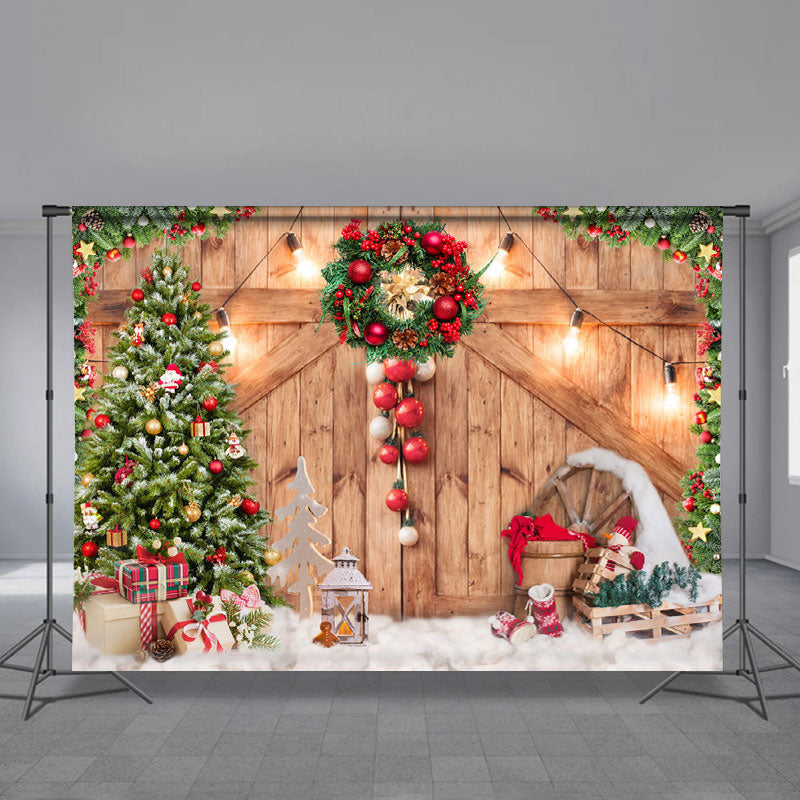 Aperturee - Warm Wood Red Ball Wreath Light Christmas Backdrop