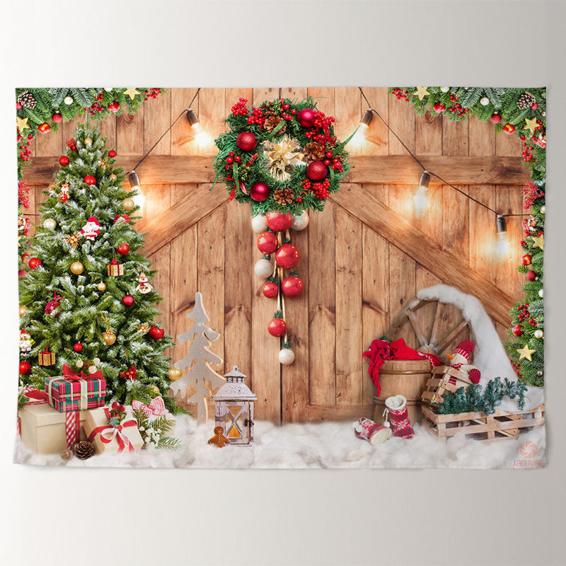 Aperturee - Warm Wood Red Ball Wreath Light Christmas Backdrop