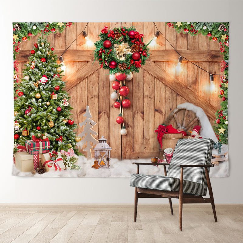 Aperturee - Warm Wood Red Ball Wreath Light Christmas Backdrop