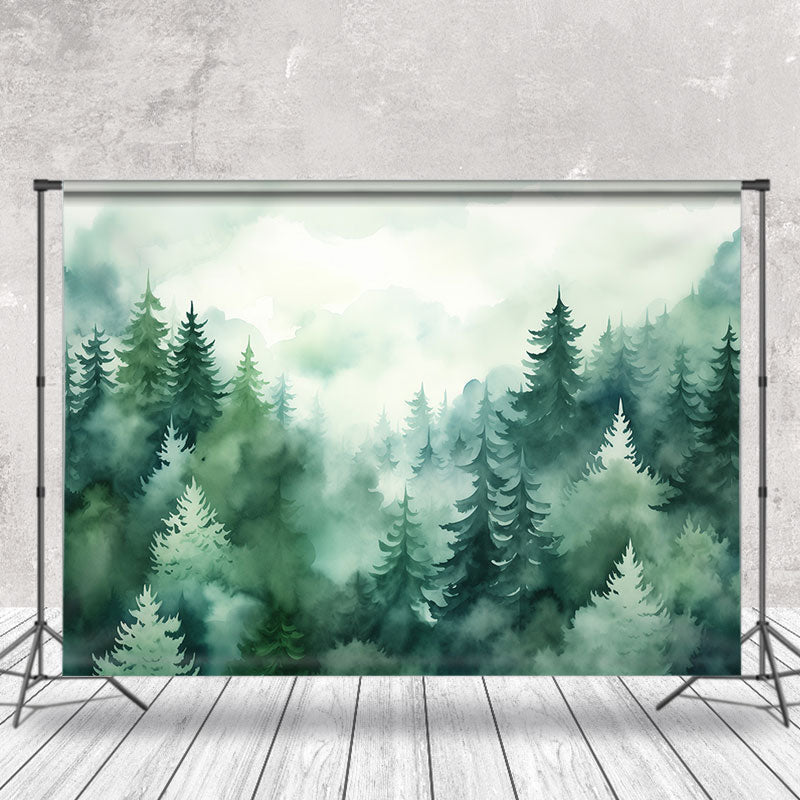 Aperturee - Watercolor Foggy Green Forest Mountain Spring Backdrop