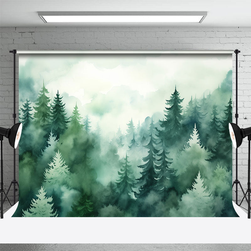 Aperturee - Watercolor Foggy Green Forest Mountain Spring Backdrop