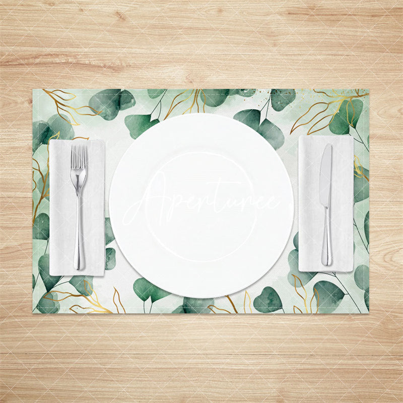 Aperturee - Watercolor Green Gold Leaves Set Of 4 Placemats