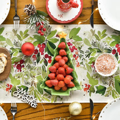 Aperturee - Watercolor Green Leaves Cherry Christmas Table Runner