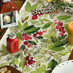 Aperturee - Watercolor Green Leaves Cherry Christmas Table Runner