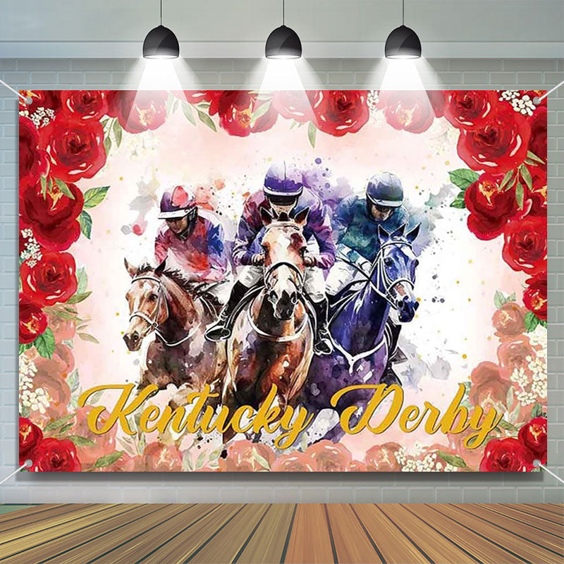 Aperturee - Watercolor Red Roses Horse Kentucky Backdrop