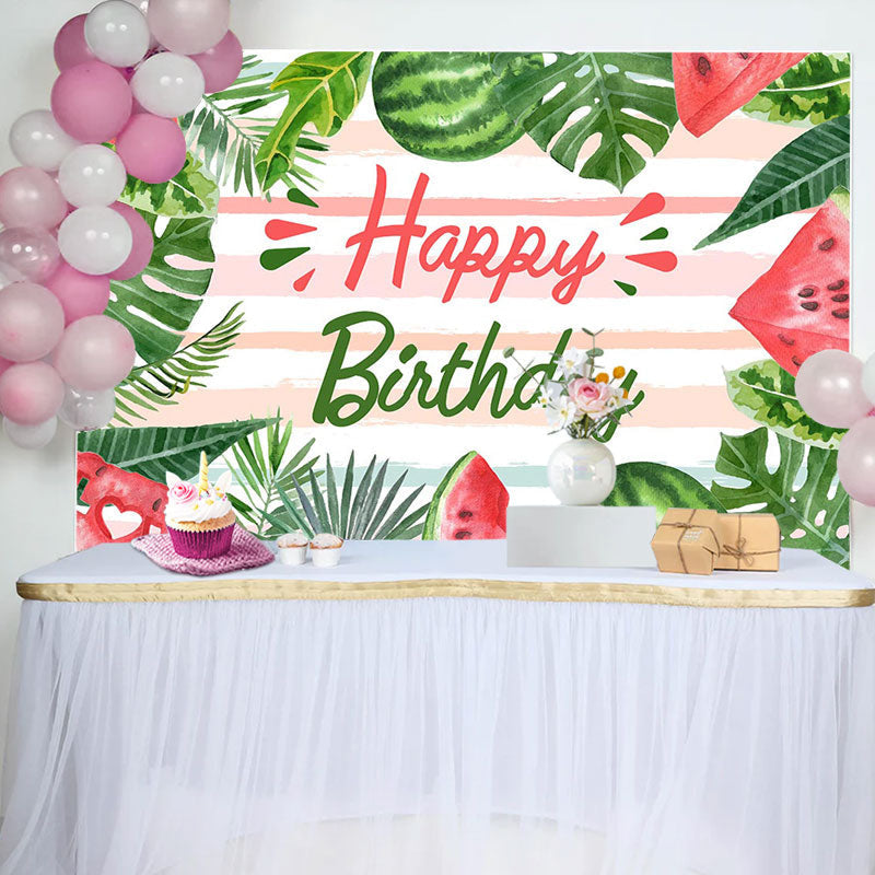 Aperturee - Watermelon Monsteras Stripe Summer Birthday Backdrop