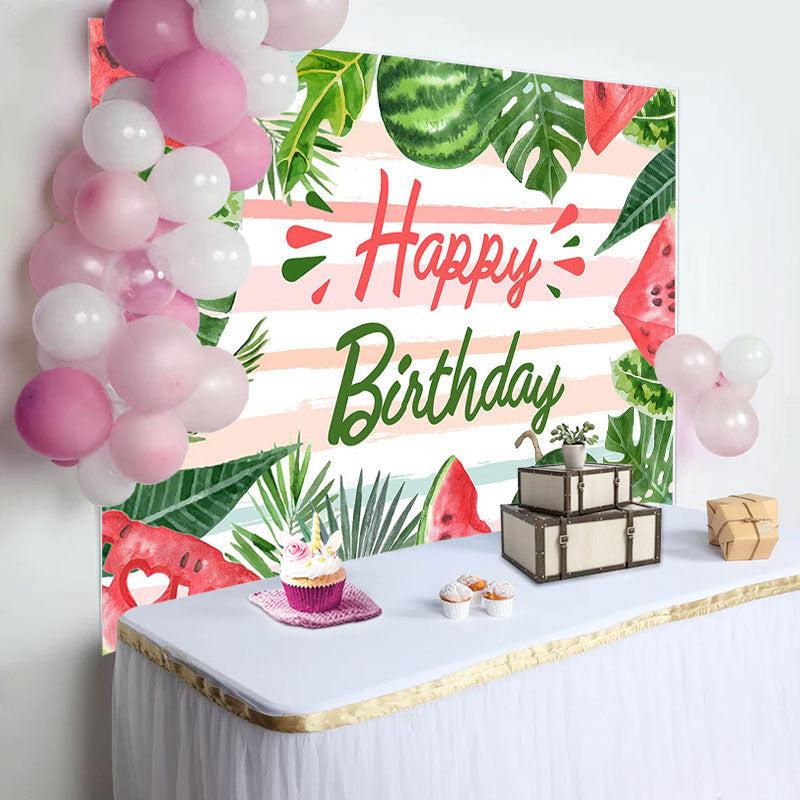 Aperturee - Watermelon Monsteras Stripe Summer Birthday Backdrop