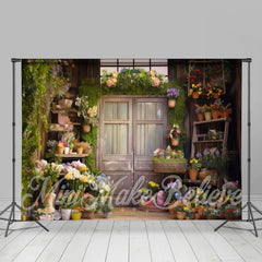 Aperturee - Weathered Wood Door Fresh Flowers Spring Backdrop