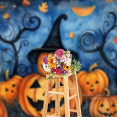 Aperturee - Weird Smiley Pumpkin Hat Halloween Portrait Backdrop