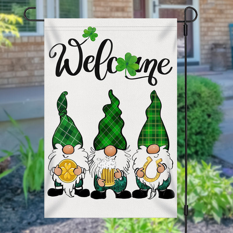 Aperturee - Welcome Green Clover Gnome Christmas Garden Flag