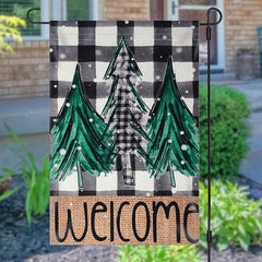 Aperturee - Welcome Green Xmas Tree Plaid Christmas Garden Flag