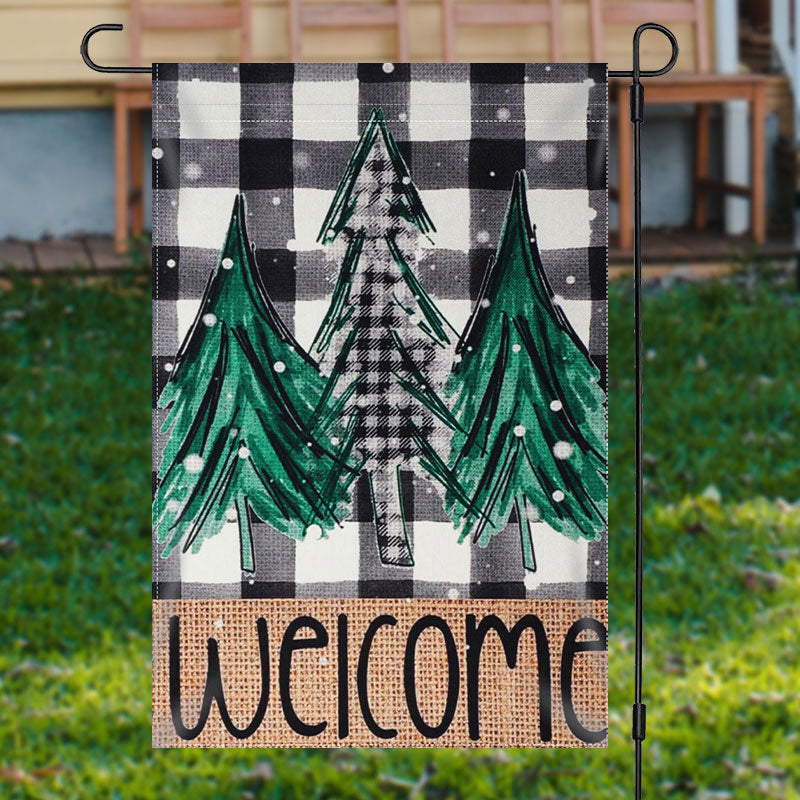 Aperturee - Welcome Green Xmas Tree Plaid Christmas Garden Flag