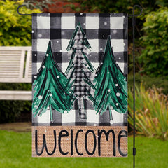 Aperturee - Welcome Green Xmas Tree Plaid Christmas Garden Flag