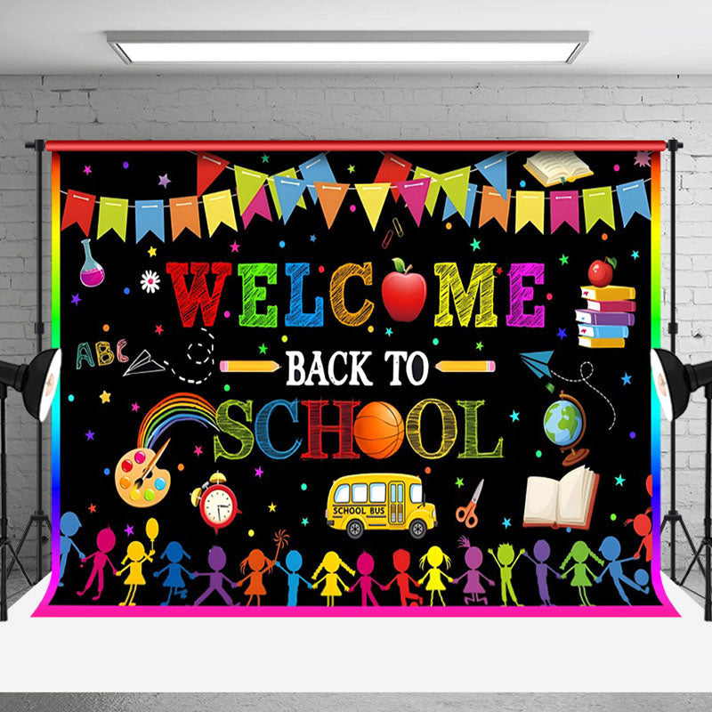 Aperturee - Welcome Rainbow Flags Bus Back To School Backdrop