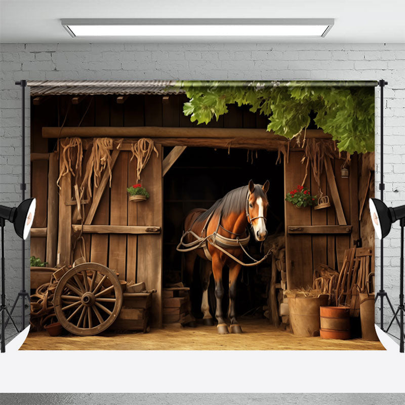 Aperturee - Western Wood Farm Horse Photo Architecture Backdrop