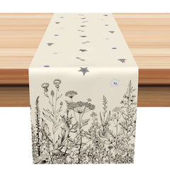 Aperturee - White And Black Floral Beige Dining Table Runner