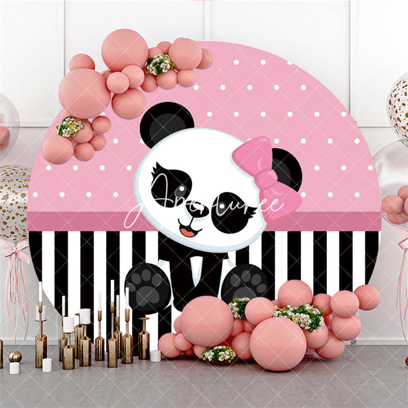 Aperturee White And Black Panda Round Pink Baby Shower Backdrop