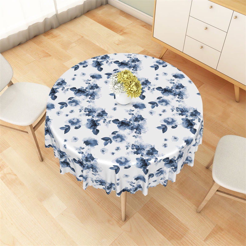 Aperturee - White And Blue Floral Ink Patterns Round Tablecloth