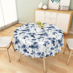 Aperturee - White And Blue Floral Ink Patterns Round Tablecloth