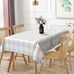 Aperturee - White And Gary Plaid Floral Bunny Dining Tablecloth