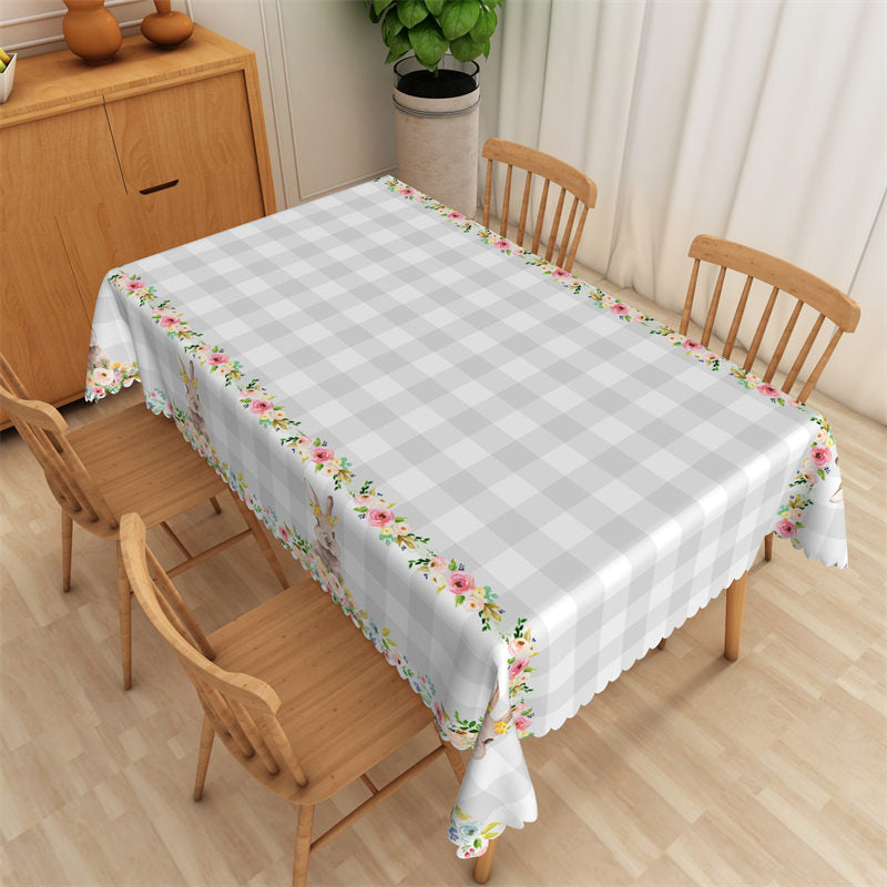 Aperturee - White And Gary Plaid Floral Bunny Dining Tablecloth