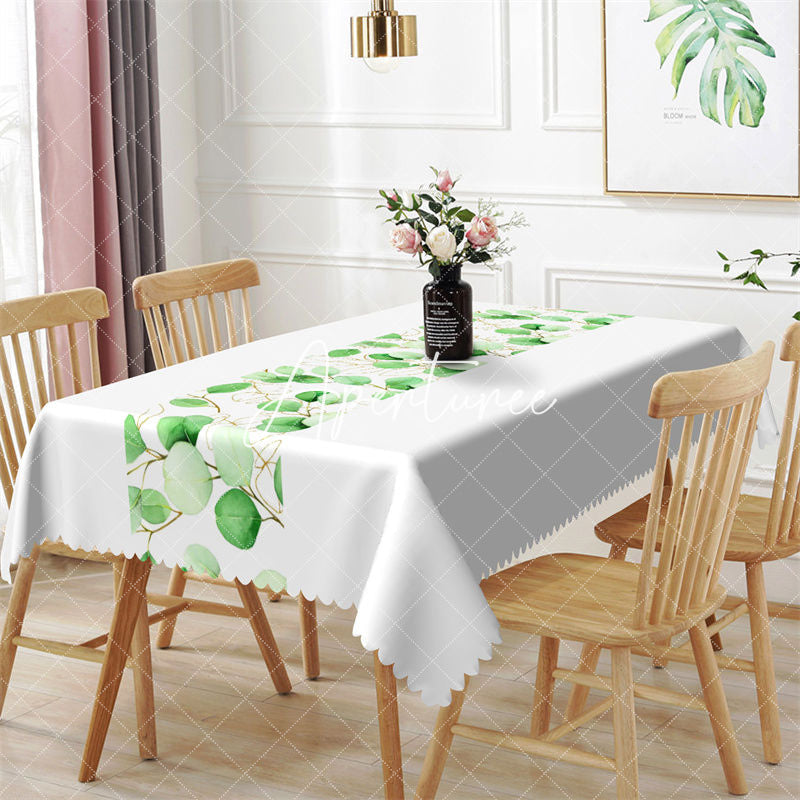 Aperturee - White And Green Leaves Spring Rectangle Tablecloth