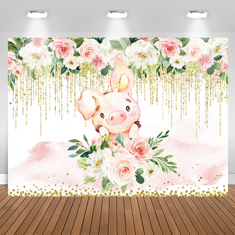 Aperturee - White and pink floral cute pig baby shower backdrop