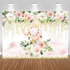 Aperturee - White and pink floral cute pig baby shower backdrop