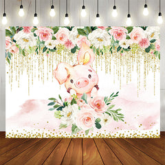 Aperturee - White and pink floral cute pig baby shower backdrop